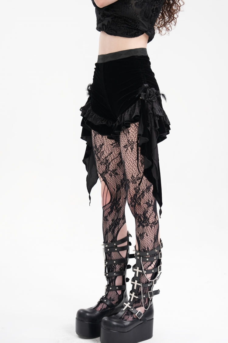ブラック プリーツ フリル メッシュ レディース ゴシック ショーツ