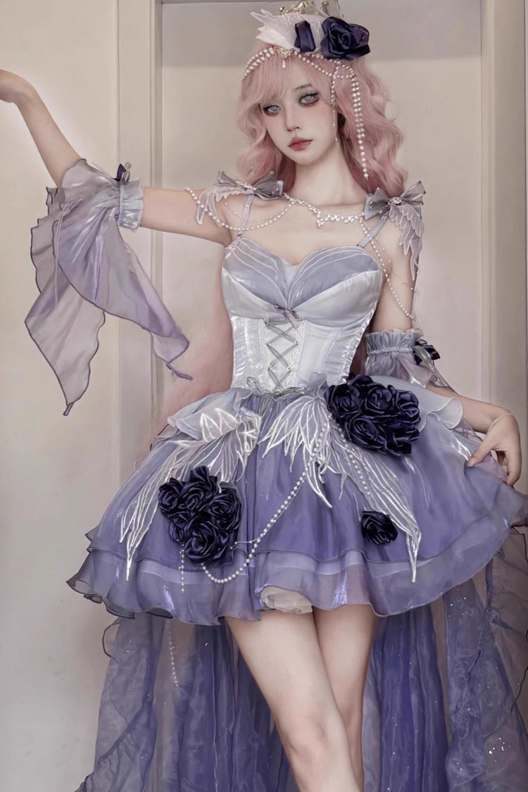 Misty Purple [Swan Wonderland] Embroidery Bowknot Lace-Up Sweet Ballet Lolita Jsk Dress Short Version