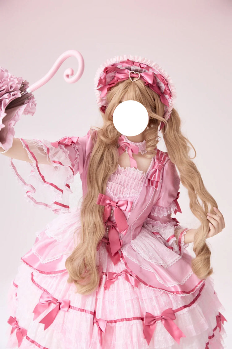 Pink [Velvet Cake] Long Trumpet Sleeves Multi-Layered Ruffle Bowknot Lace Sweet Lolita Dress