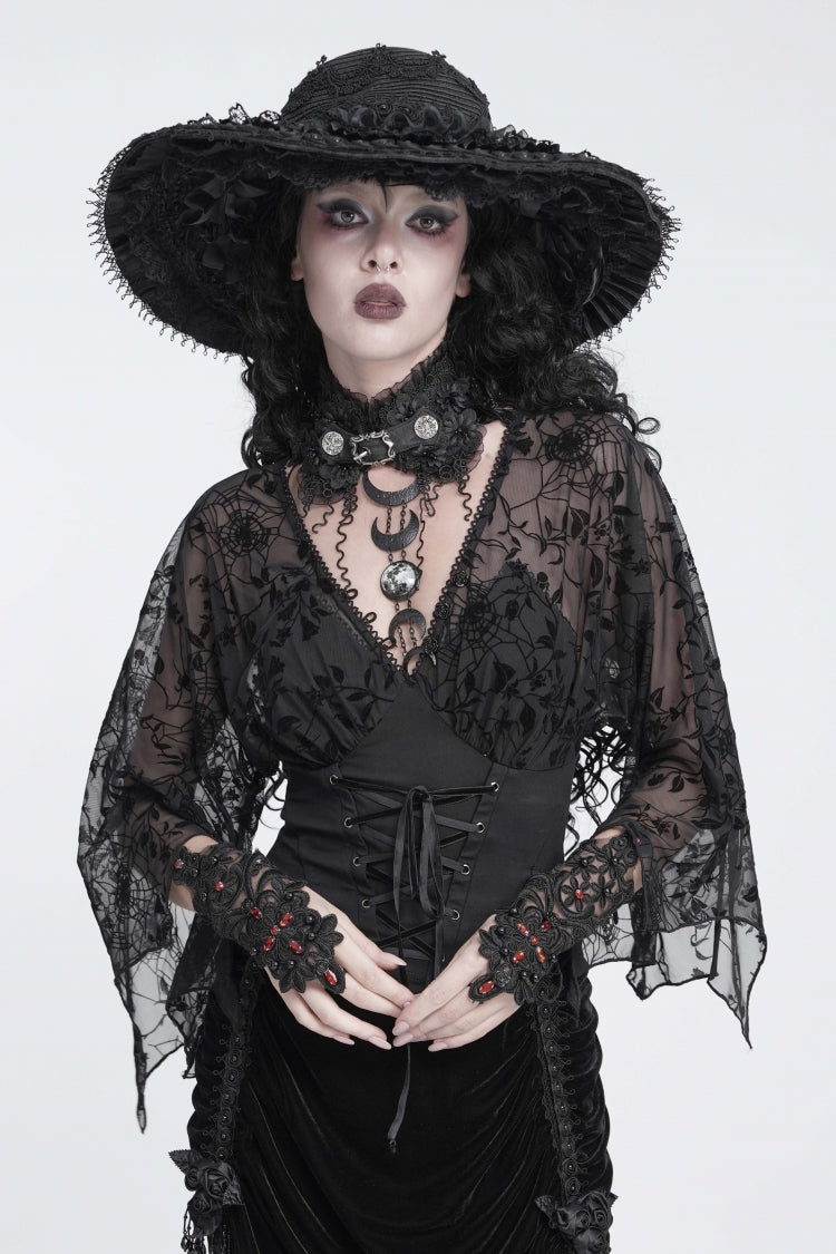 Luxuriöses königliches Damen-Gothic-Oberteil mit schwarzem V-Kragen, floralem Netzstoff, langen Trompetenärmeln, Jacquard-Patchwork und Schnürung