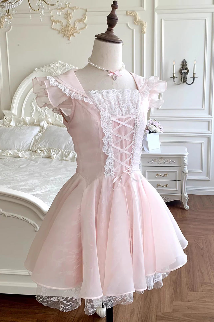Pink [Floral Letter] Square Collar Ruffled Lace Lace-Up Sweet Princess Ballet Lolita Dress