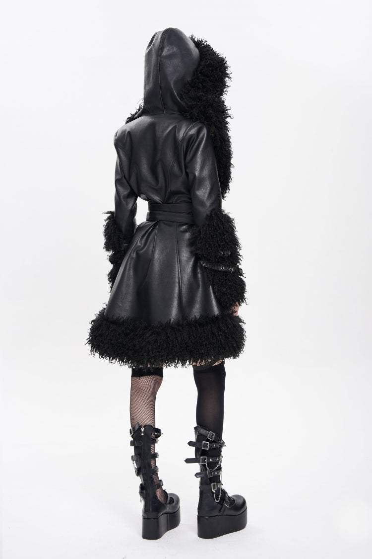 Black Long Sleeves Plush Stitching Buckle Hooded Straps Women's Punk Coat