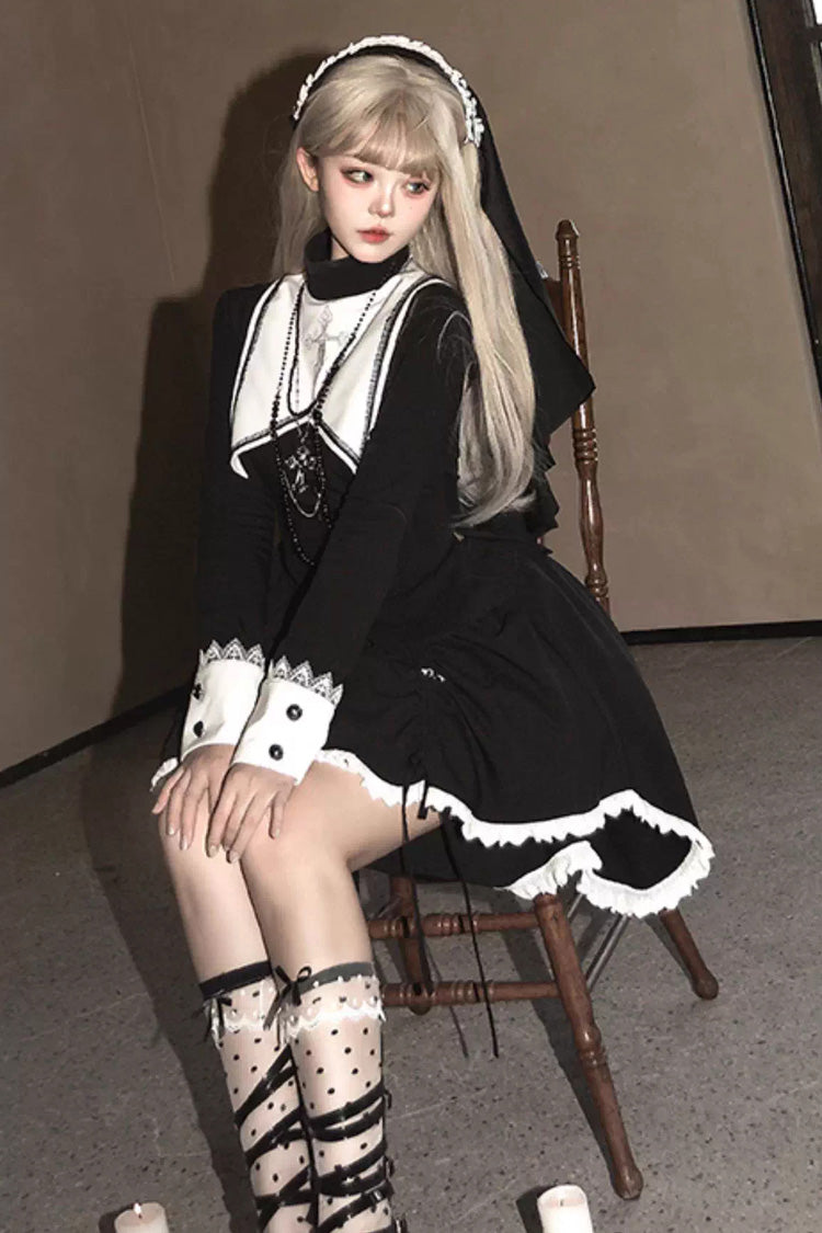 Black/White [Peace Prayer] Long Sleeves Ruffle Bowknot Asymmetric Gothic Lolita Skirt Set