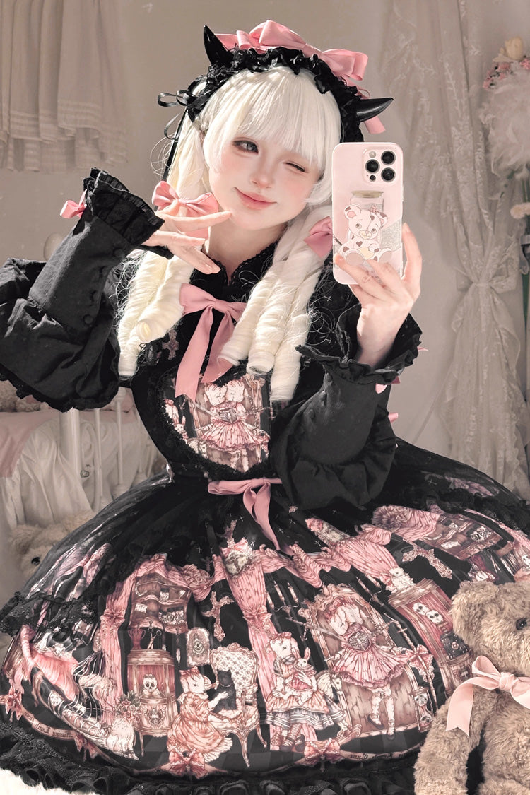 Black [The Case of the Missing Lamb] Print Ruffle Bowknot Lace Gothic Lolita SK Skirt