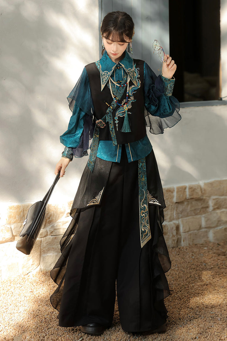Schwarz/Grün Rundhals Langarm Rüschen Stickerei Chinesischer Stil Vintage Hübsches Ouji Lolita Set 