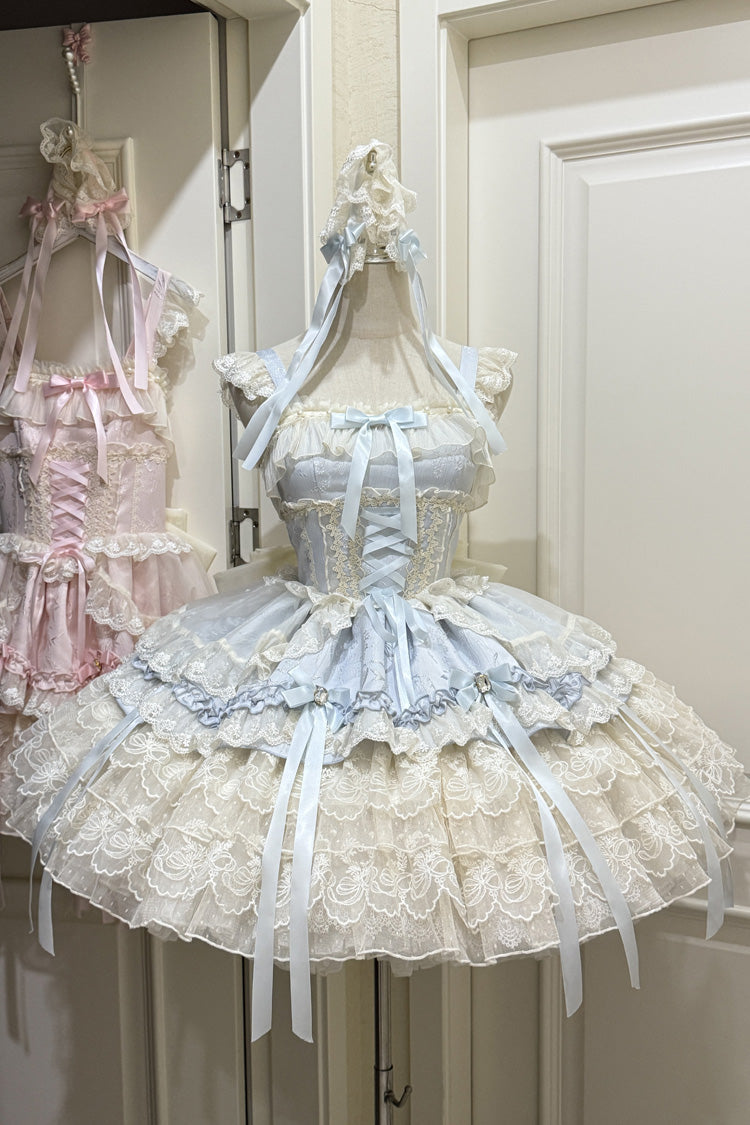 Blue [Ribbon Heart Love] Sleeveless Multi-Layered Ruffle Bowknot Lace Lace-Up Sweet Princess Ballet Lolita Jsk Dress