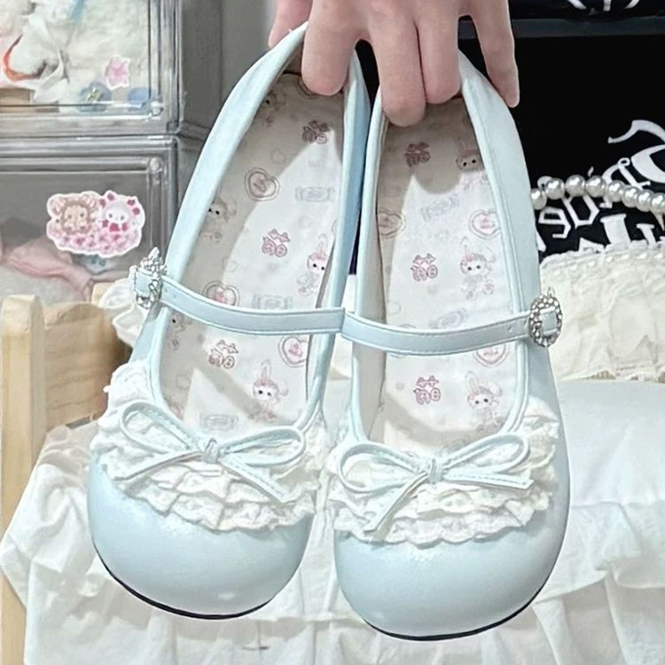 Süße Lolita Mary Jane-Schuhe mit blauem Spitzen-Mittelabsatz und runder Zehenpartie
