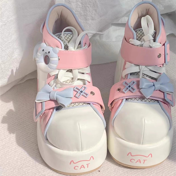 Sweet Bear Paw Print Bowknot Lolita Ankle Boots 2 Colors