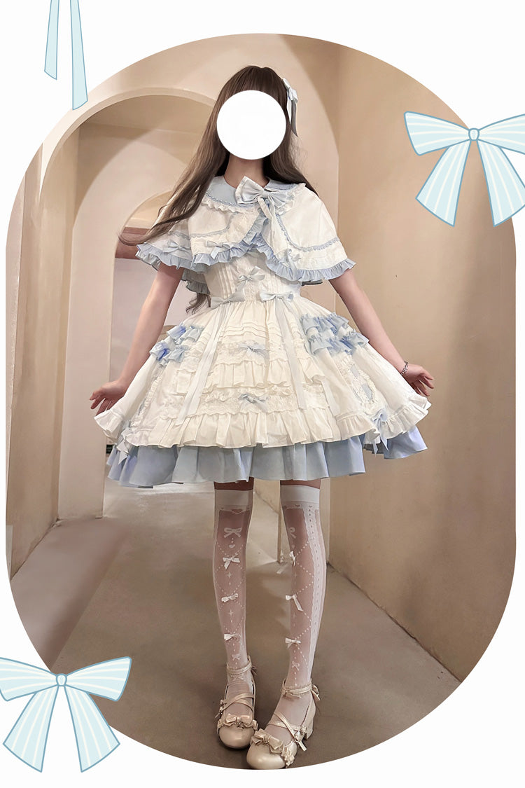 White/Blue [Window Dolls] Multi-Layered Ruffle Love Bowknot Sweet Princess Lolita Jsk Dress with Cape