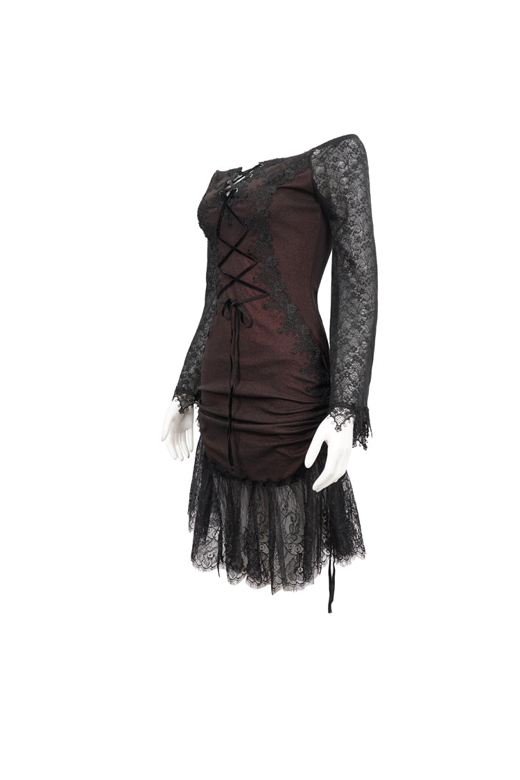 Red Elastic Texture One-Shoulder Hem Splicing Lace Bell Sleeve Women's Gothic Dress