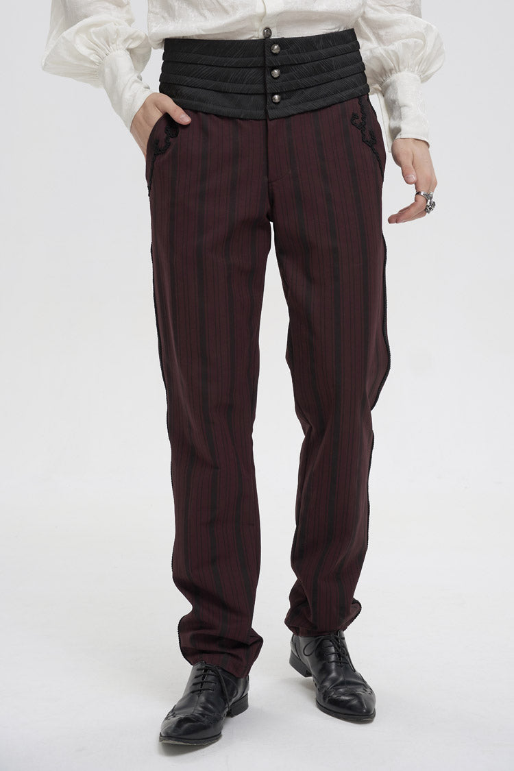 Red Retro Mid High Waist Micro Elastic Striped Woven Stitching Three Dimensional Jacquard Men's Gothic Trousers