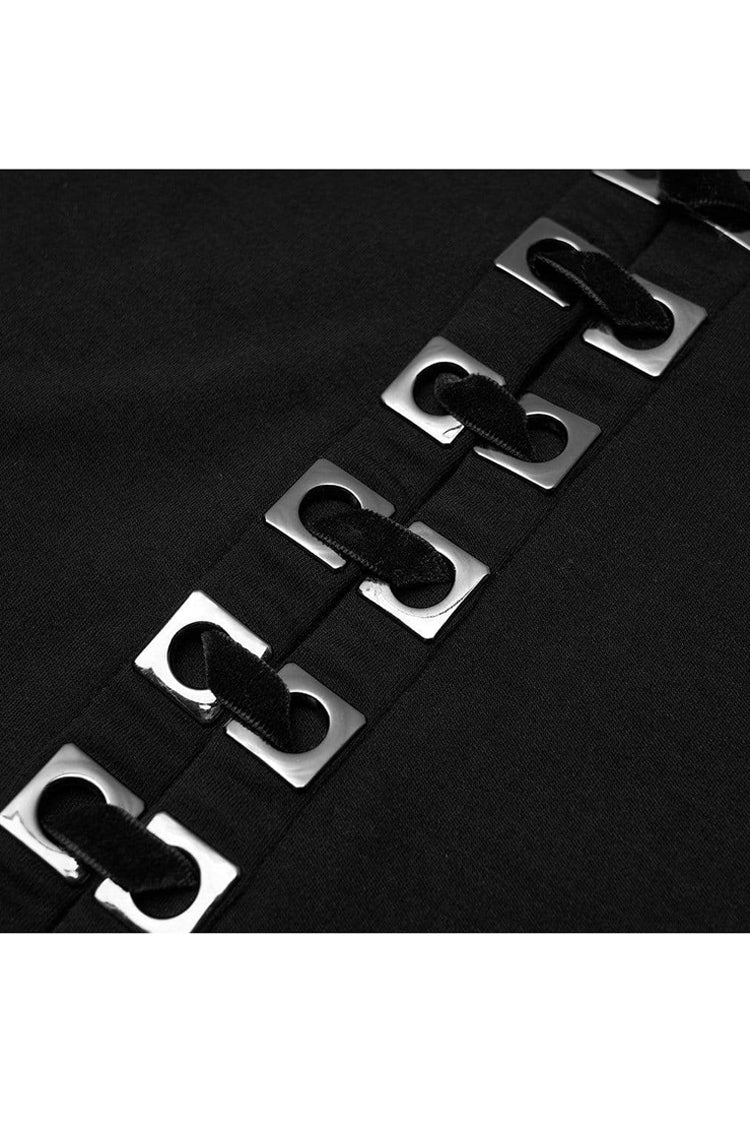 Schwarzes, rundes Kragen, lange Ärmel, vorne mit quadratischen Metallösen verziert, kurzes, enges Punk-T-Shirt für Damen