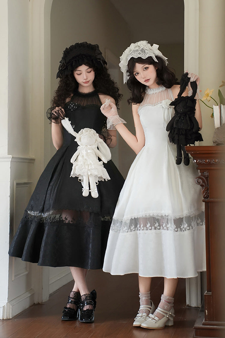 White [Flowers in the Mist] Off Shoulder Halterneck Print Ruffle Gothic Elegant Lolita Dress