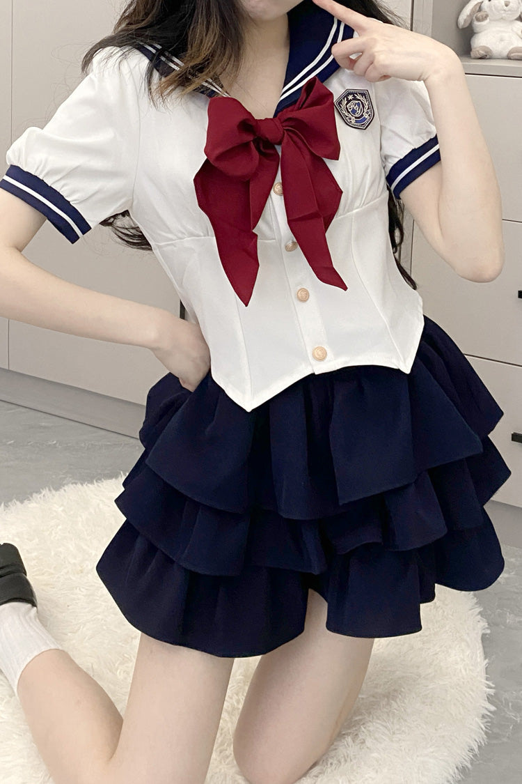 Short Sleeves Multi-layer Ruffle Bowknot Sweet College Style Japanese School Skirt Set 4 Colors