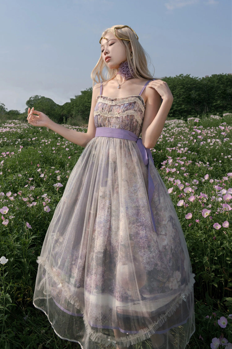 Peinture à l'huile violette [– À l'ombre des arbres en fleurs] Robe Jsk Lolita douce sans manches à imprimé volant avec nœud en dentelle 