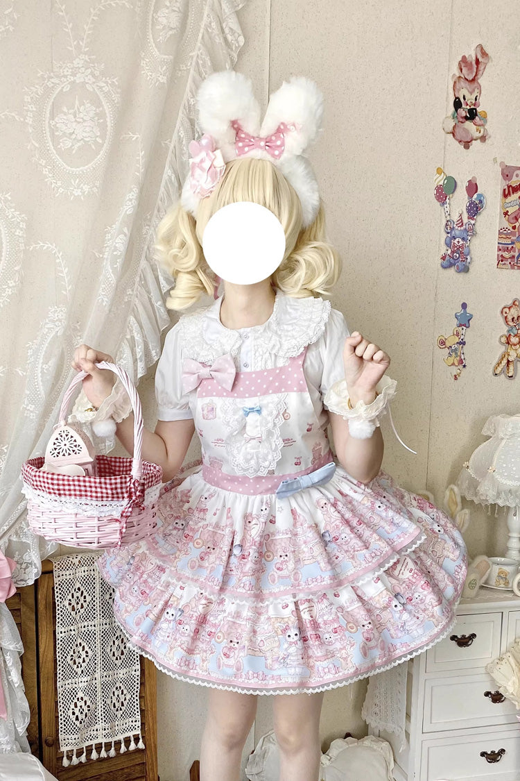 ピンク【バニー＆ベアティーパーティー】ノースリーブ二層プリントフリルリボンレース甘ロリータストラップドレス
