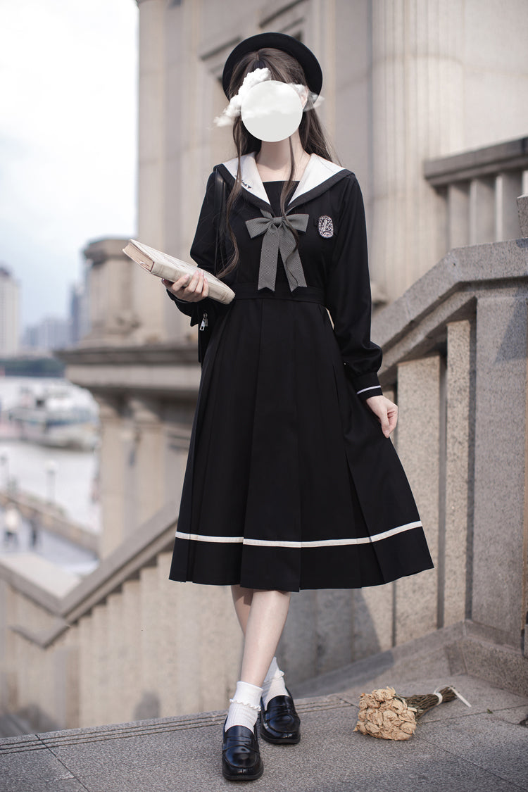 Black Navy Collar Long Sleeves Bowknot Sweet Japanese College Style Elegant Lolita Dress