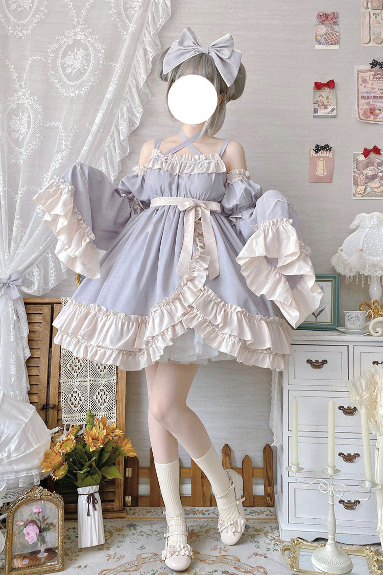 Grey [Monet Estate] Sleeveless High Waisted Ruffle Bowknot Asymmetric Sweet Lolita Jsk Dress