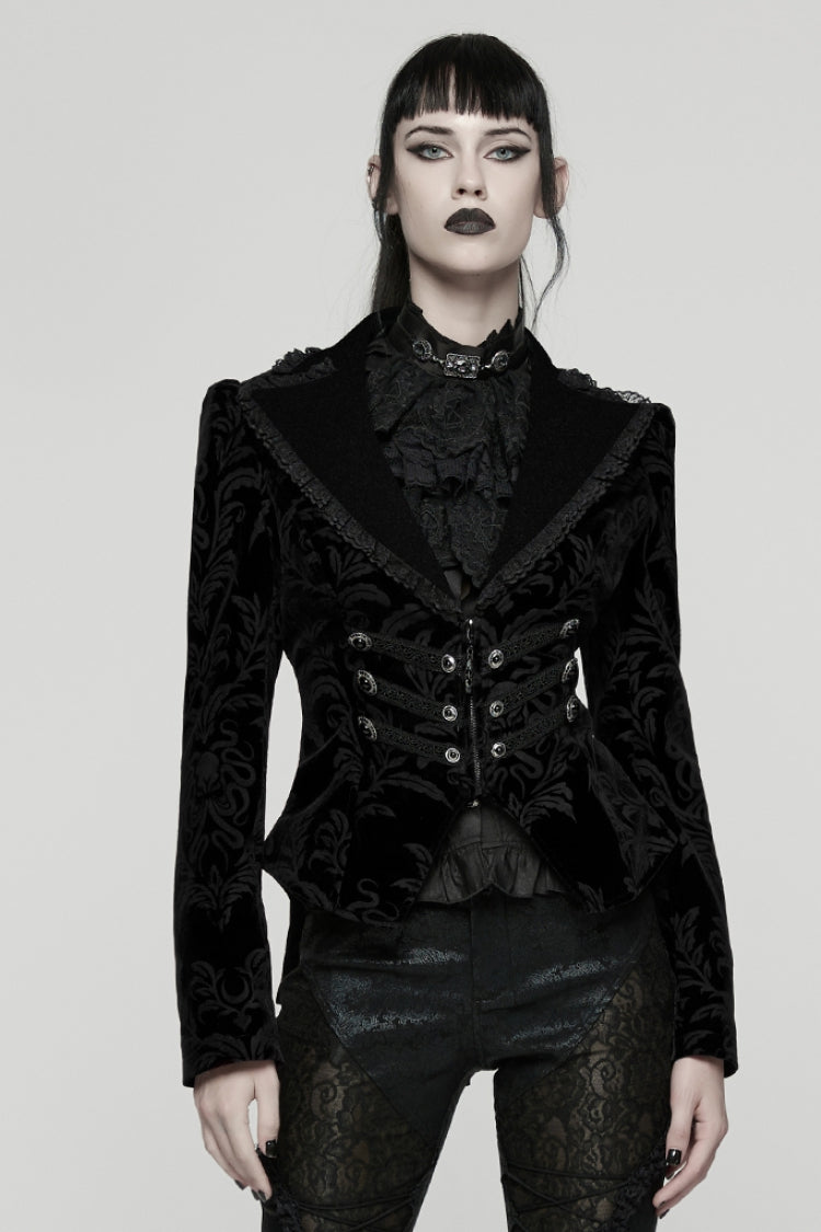 Black Lapel Collar Long Sleeves Lace-Up Zipper Women's Punk Coat