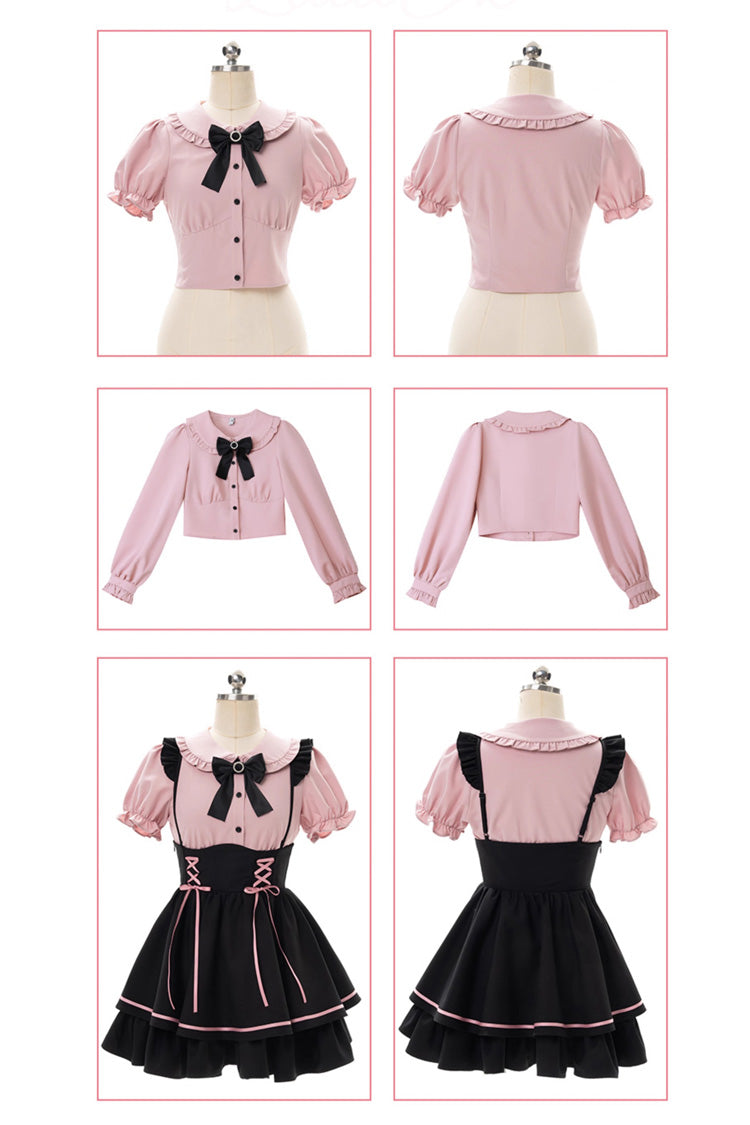Black/Pink First Sakura Long Sleeves Multi-layer Lace-Up Sweet Jirai Kei Japanese Set