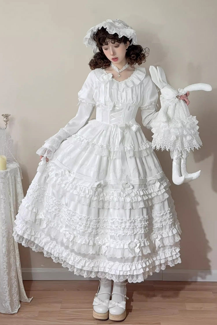 Robe Sweet Lolita en dentelle avec manches courtes à volants, nœud papillon et glaçage blanc [en crème au beurre en couches] 