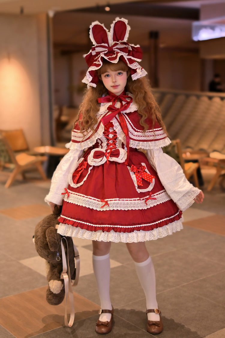 Rot [Bobo Bunny Doll] Süßes Lolita JSK-Kleid mit Rüschen und Schleife zum Schnüren, 2 Farben