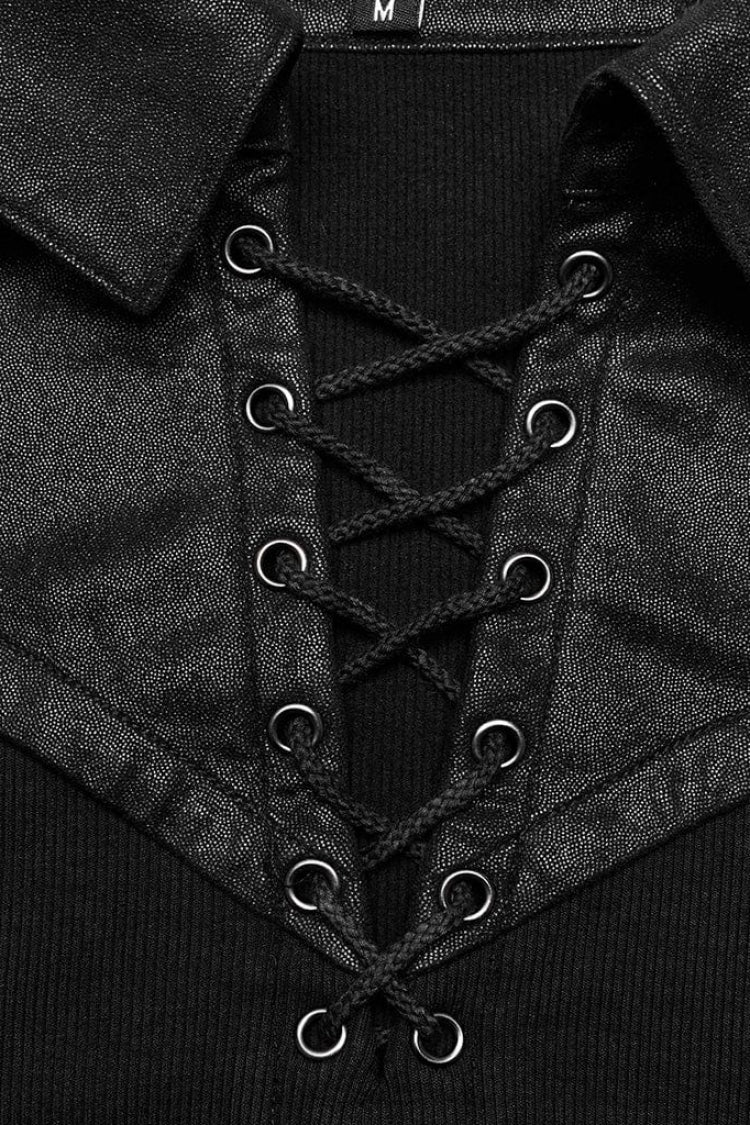 Black Lapel Collar Long Sleeves Stitching Mens Steampunk T-Shirt