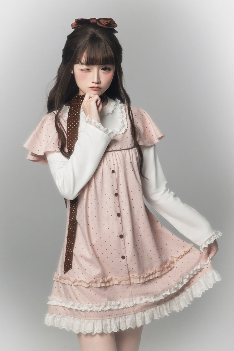ピンク [水玉ブークレ] ラウンドカラー長袖プリントフリルフェイクツーピース甘い和ロリータドレス