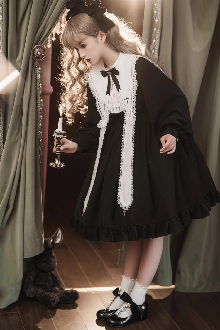 Black Long Sleeves Ruffle Bowknot Classic Gothic Elegant Nun Lolita Dress