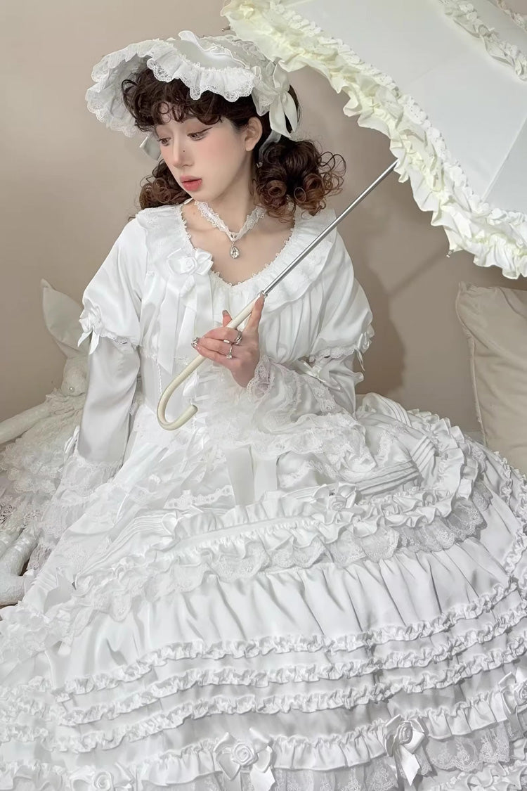 Robe Sweet Lolita en dentelle avec manches courtes à volants, nœud papillon et glaçage blanc [en crème au beurre en couches] 