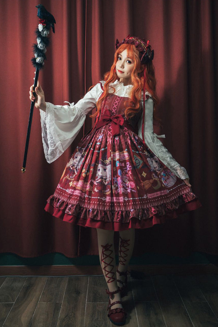 Robe Jsk Lolita élégante et douce à nœud papillon à volants imprimés sans manches [Petite Sorcière] rouge 