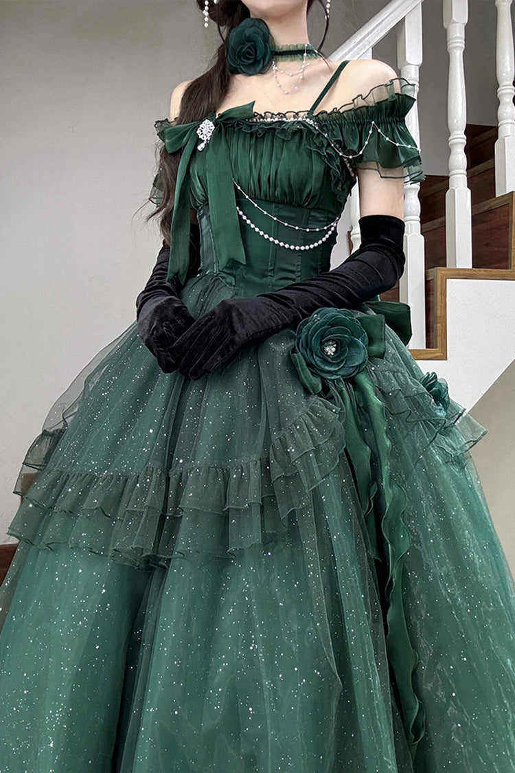 Green [Bright Stars] Off Shoulder Ruffle Bowknot Asymmetric Sweet Elegant Princess Lolita Dress