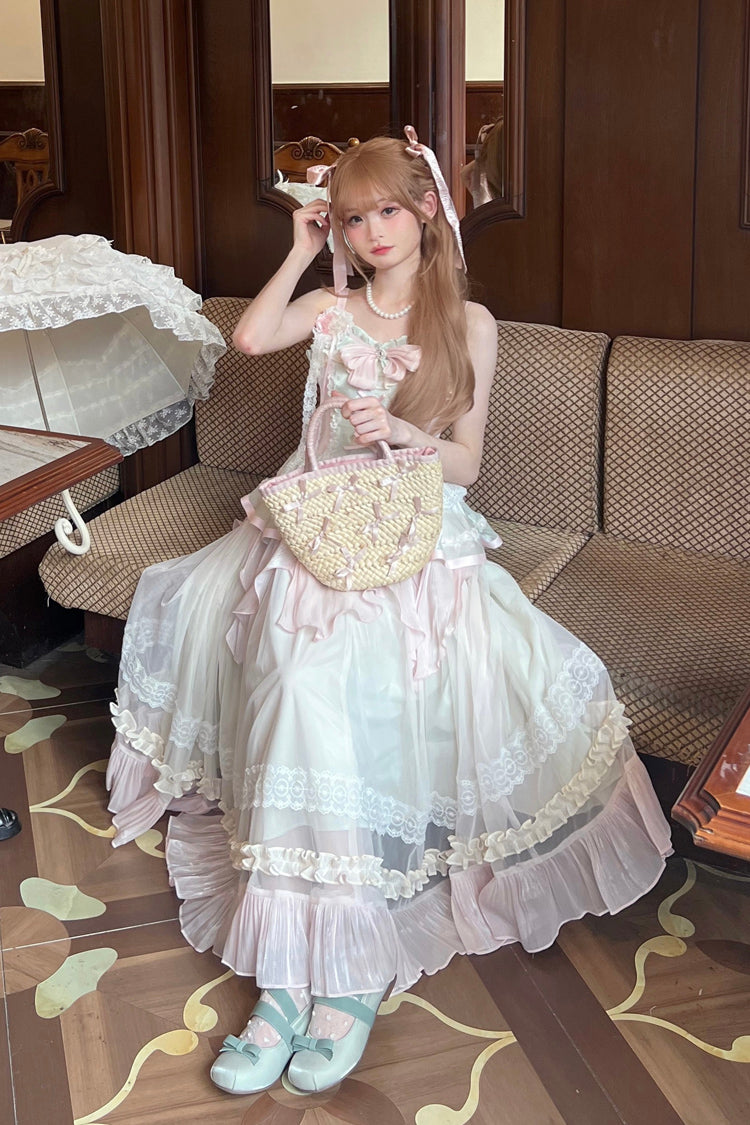 Rosa/Grün Sommer Garten Rüschen Stickerei Bowknot Spitze Süße Lolita Jsk Langes Kleid