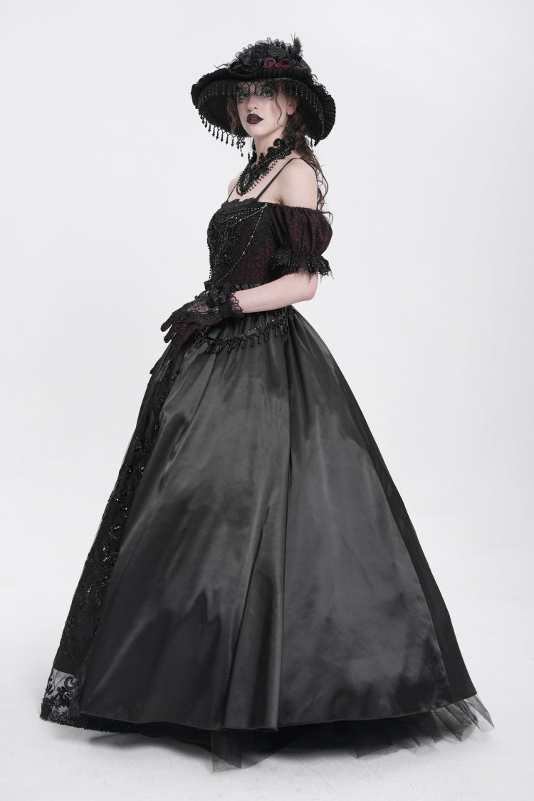 Robe gothique pour femme en dentelle avec cardigan jacquard à manches courtes et épaules dénudées noire 