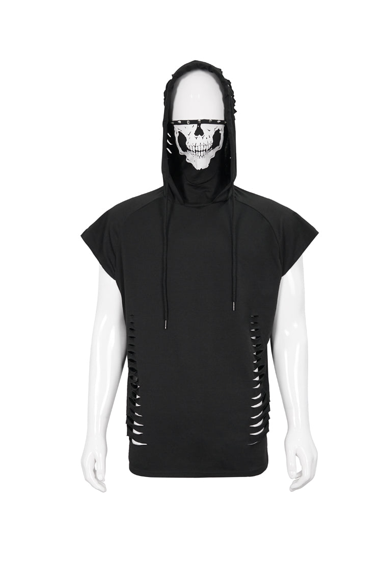 Black Skull Print Super High Neck Masked Rivet Hole Hooded Short Sleeve Men's Punk T-Shirt