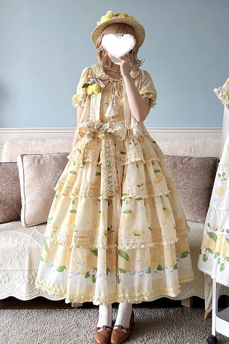 Yellow [Lemon Chicken] Short Sleeves Triple-Layered Print Ruffle Bowknot Lace Sweet Gorgeous Lolita Dress