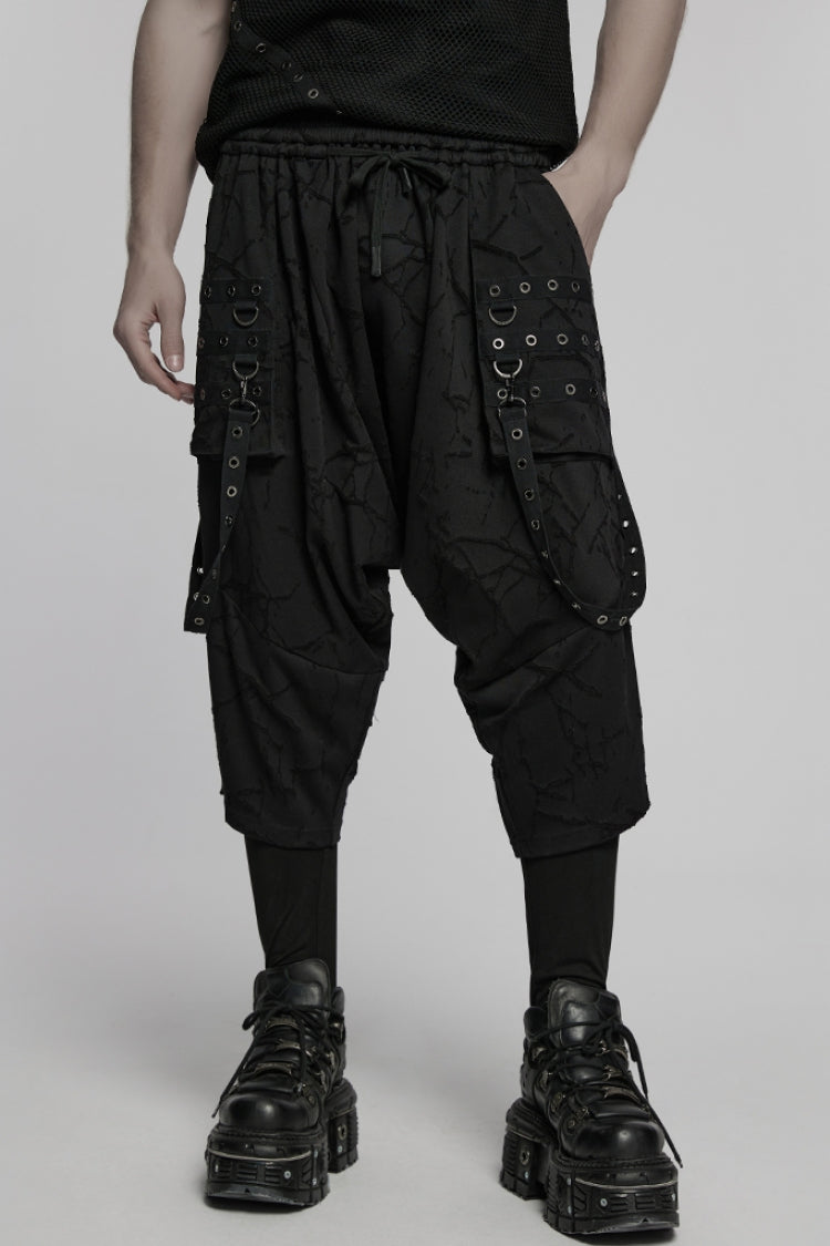 Black Tie-dyed Sagging Men's Punk Pants with Staps
