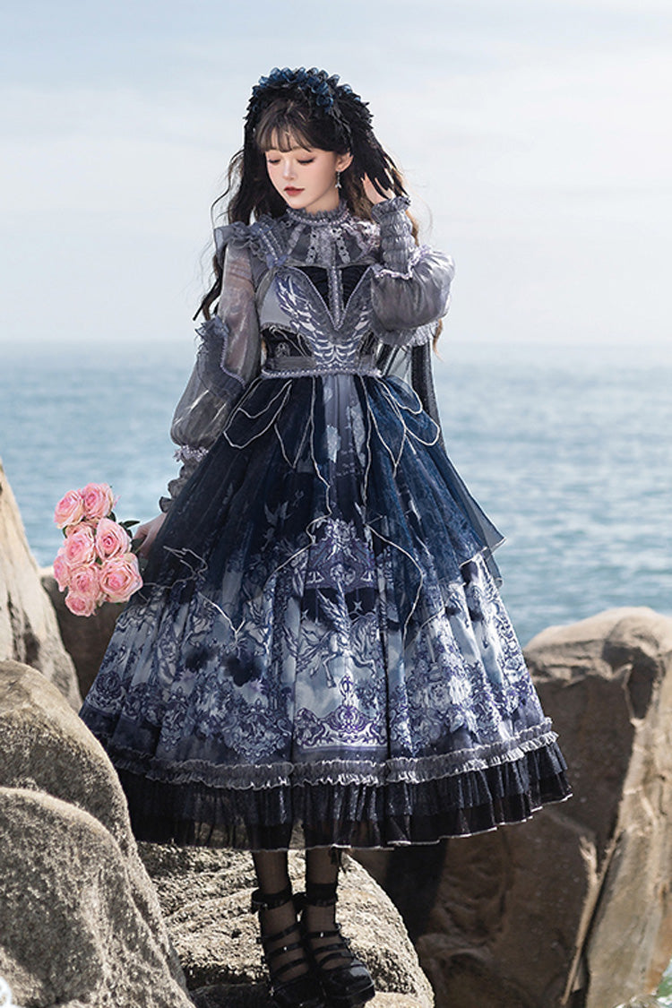 Blue [Angel Garden] Print Ruffle Bowknot Asymmetric Classic Elegant Lolita Jsk Dress