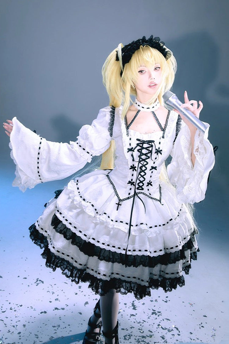 White [Witch] Long Trumpet Sleeves Double-Layered Ruffle Bowknot Lace-Up Gothic Lolita Skirt Dress Set