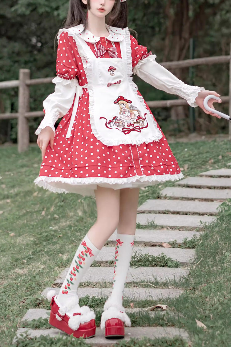 Rot/weißes Lolita-Kleid mit Puppenkragen, kurzen Ärmeln, Pilz-Prinzessinnen-Print, gepunkteten Rüschen
