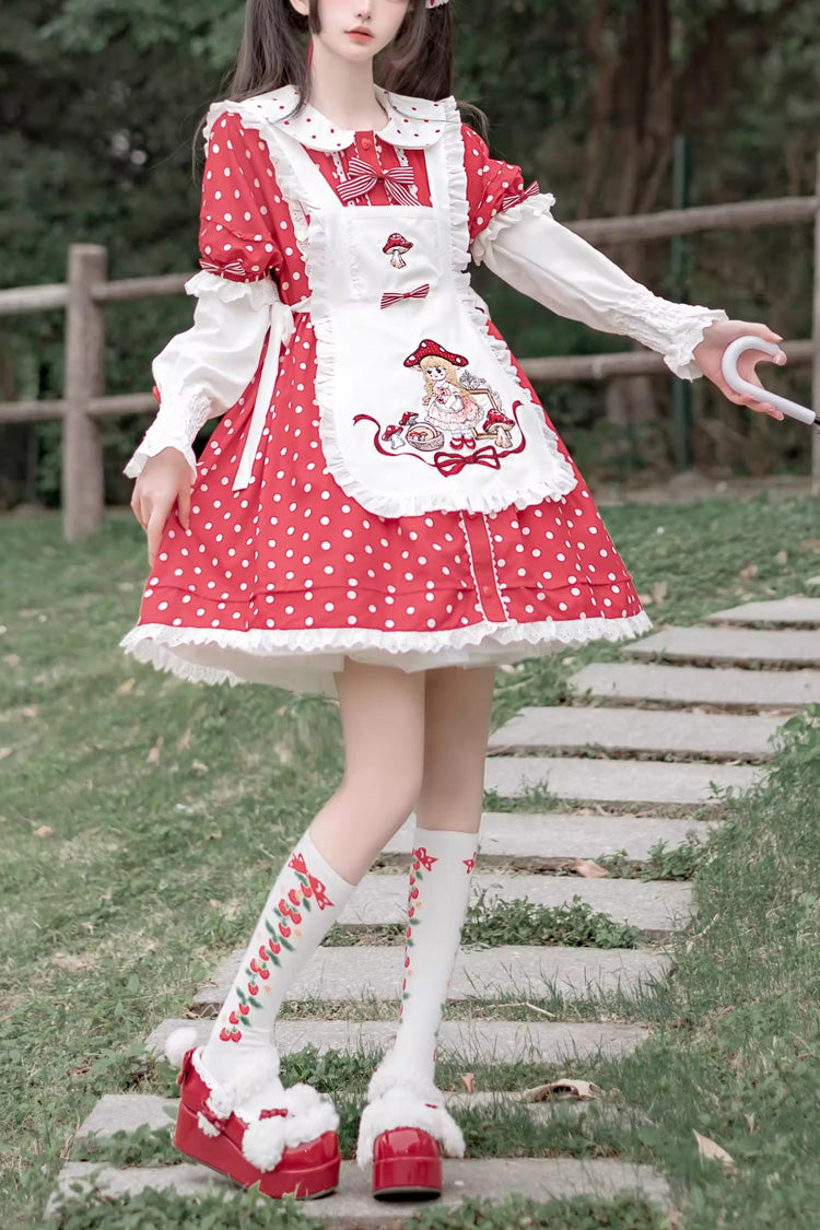 Red/White Doll Collar Short Sleeves Mushroom Princess Print Polka Dots Ruffle Sweet Lolita Dress