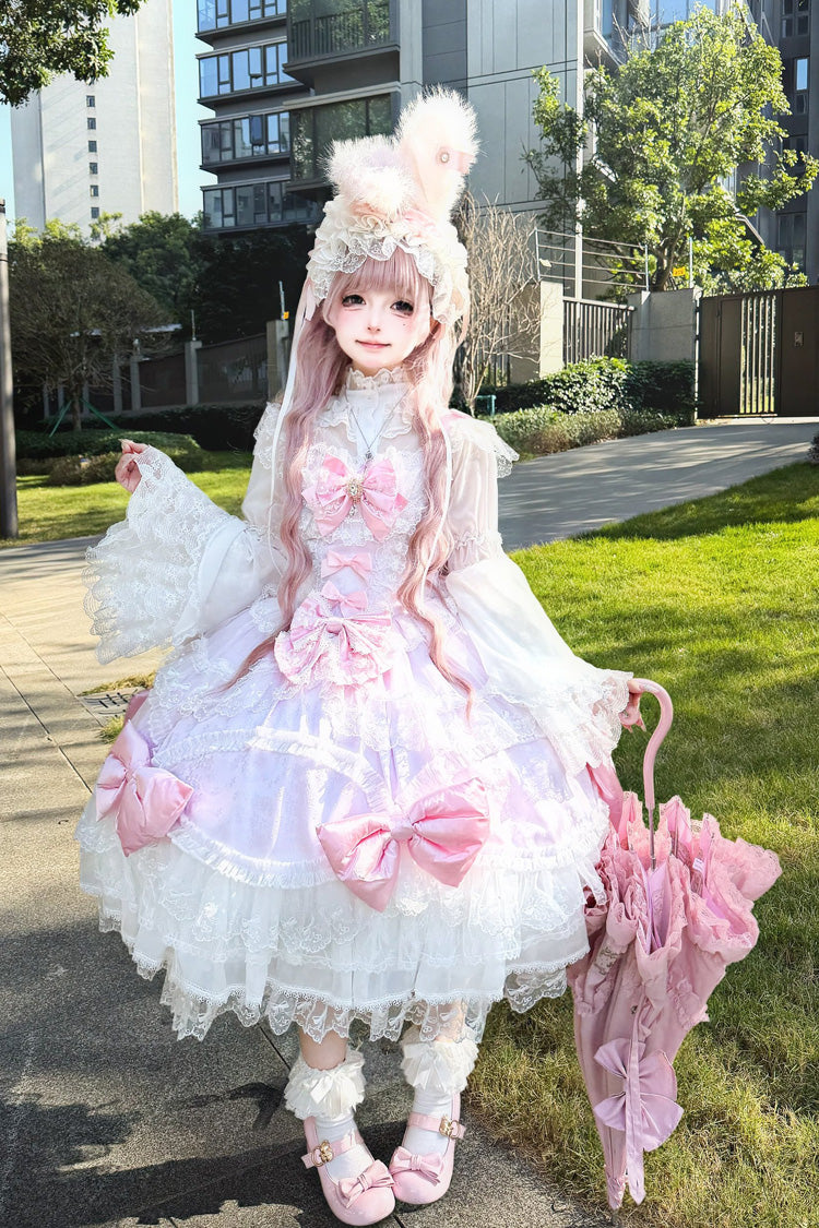 ピンク/パープル【Fflower Dream Isle】スクエアカラー多層フリルリボンレース甘ロリータJSKワンピース