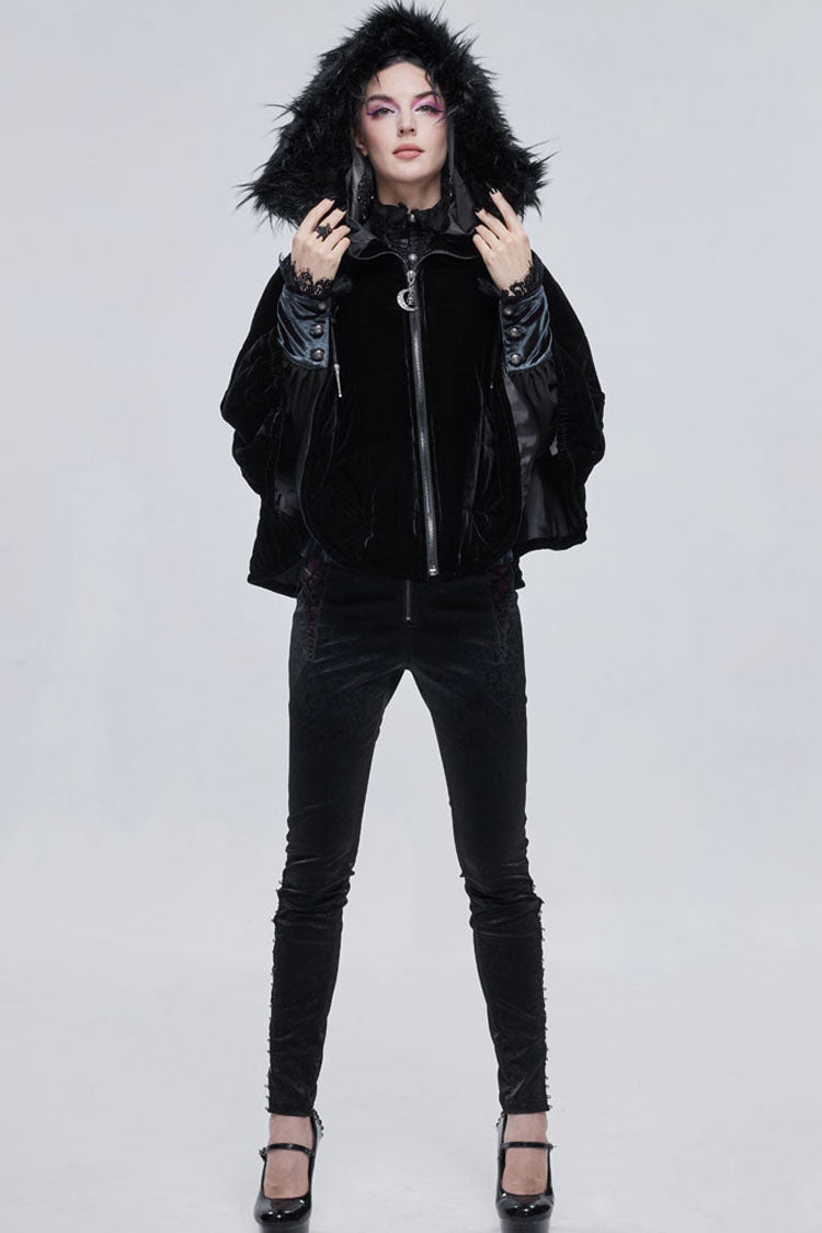 Black Gothic Velvet Collar Crescent Pendant Zipper Warm Short Women's Shawl