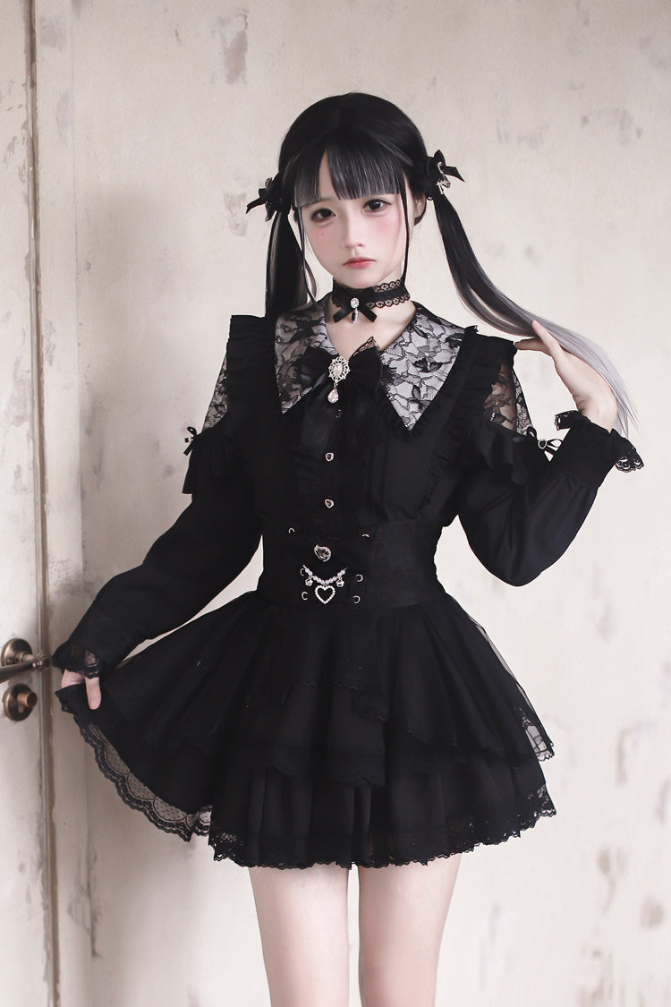 Schwarzes [Dreamy Love Ballad] Reverskragen, lange Ärmel, doppellagiges, gerüschtes, ausgeschnittenes, gotisches, japanisches Jirai-Kei-Rock-Set