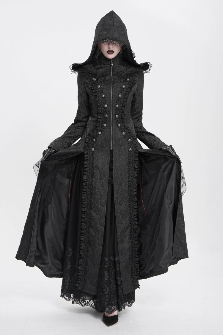 Black Stand Collar Long Sleeves Ruffle Hooded Women's Gothic Long Coat