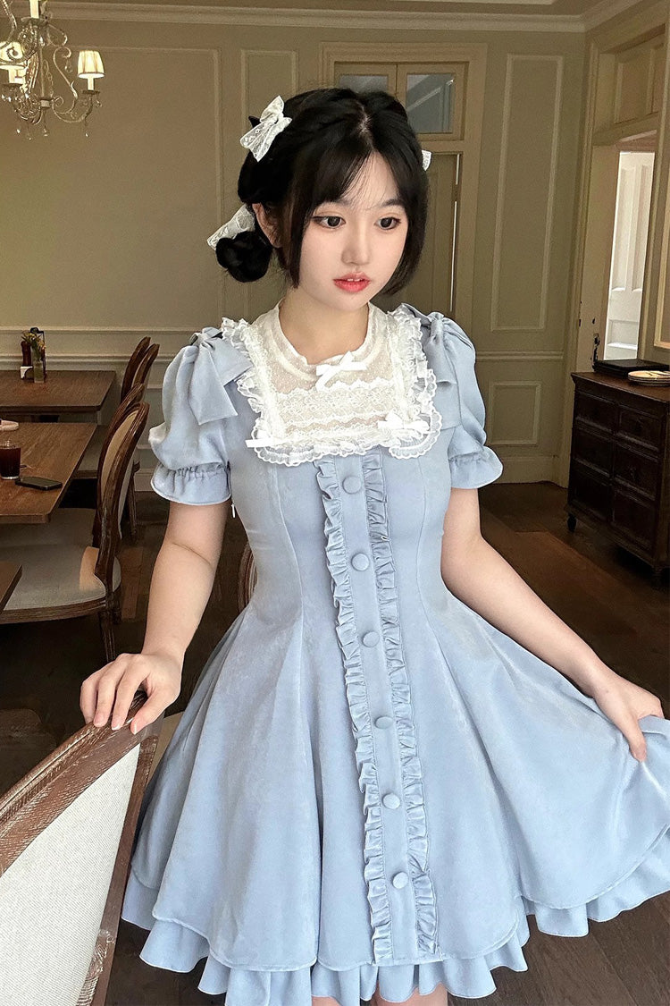 Light Blue Annie's Gift Short Sleeves Bowknot Short Version Sweet Lolita Dress (Plus Size Support)