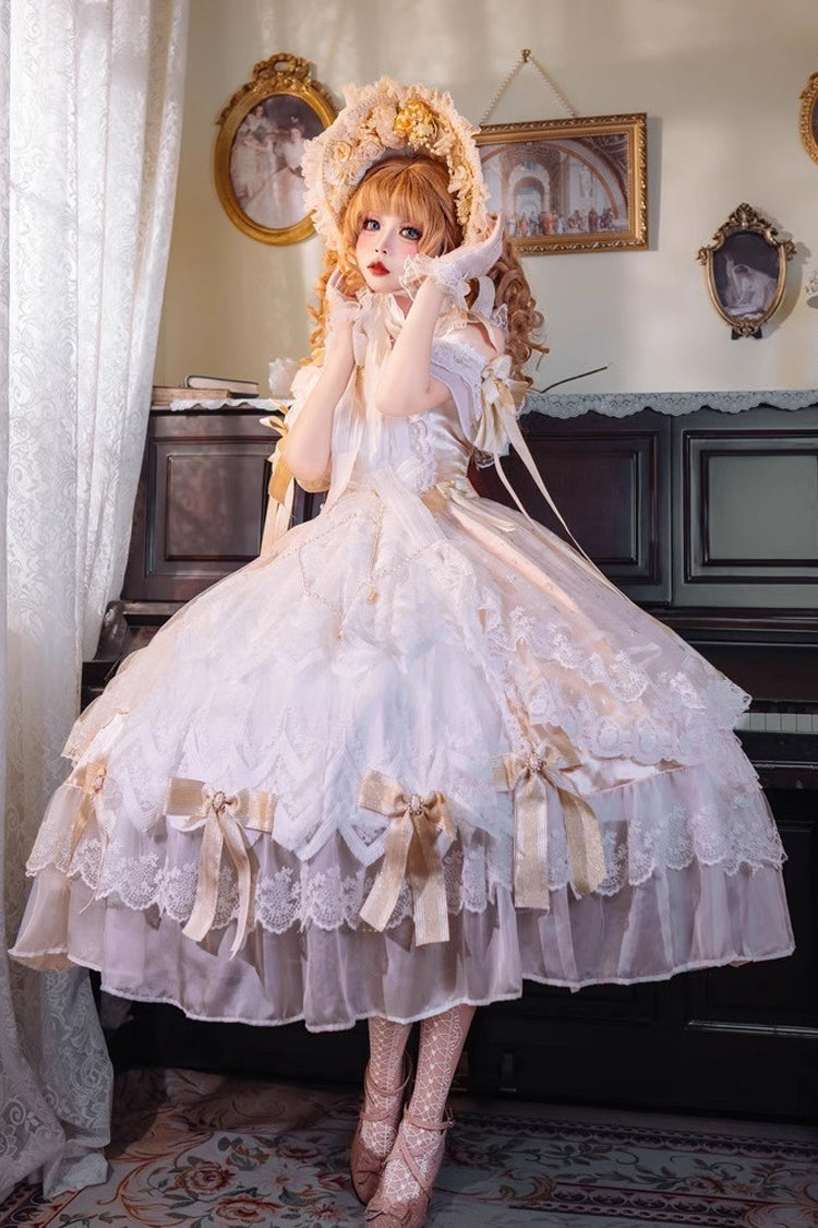 Yellow [Glazed Phantom] Off Shoulder Ruffle Hanayome Bowknot Lace Sweet Elegant Lolita Dress