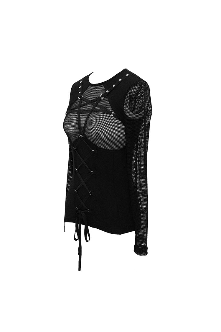 Black Chest Perspective Pentagram Lace Up Mesh Tight Women's Punk T-Shirt
