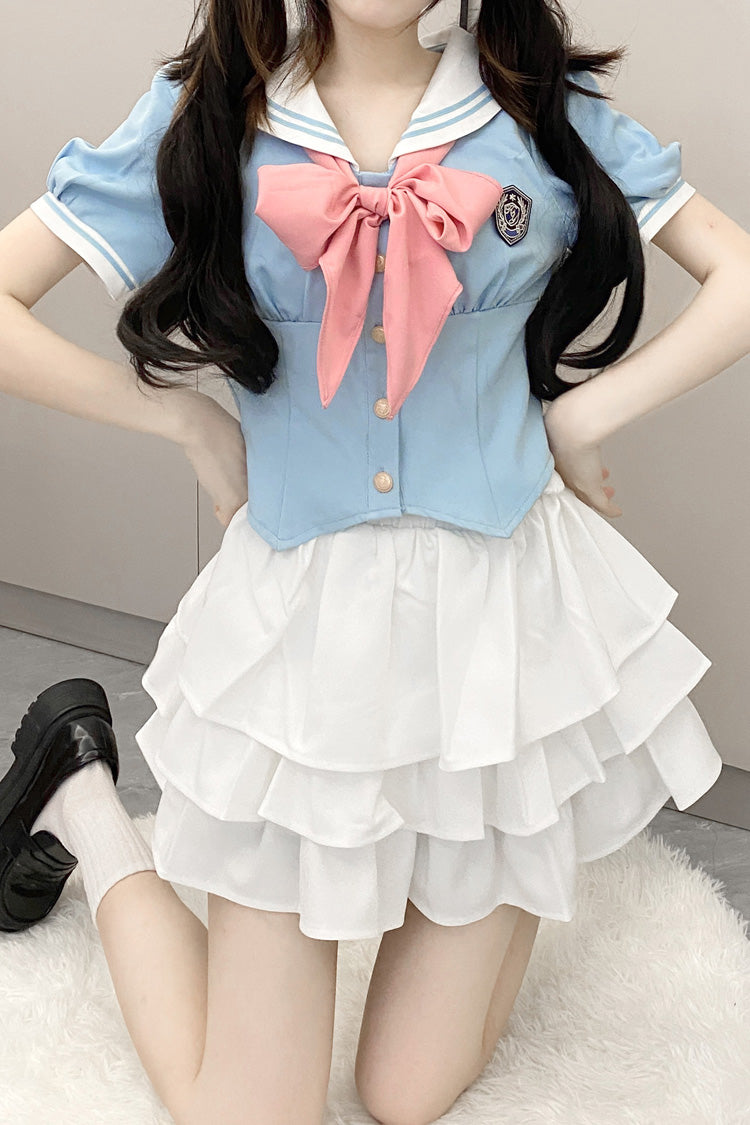Short Sleeves Multi-layer Ruffle Bowknot Sweet College Style Japanese School Skirt Set 4 Colors