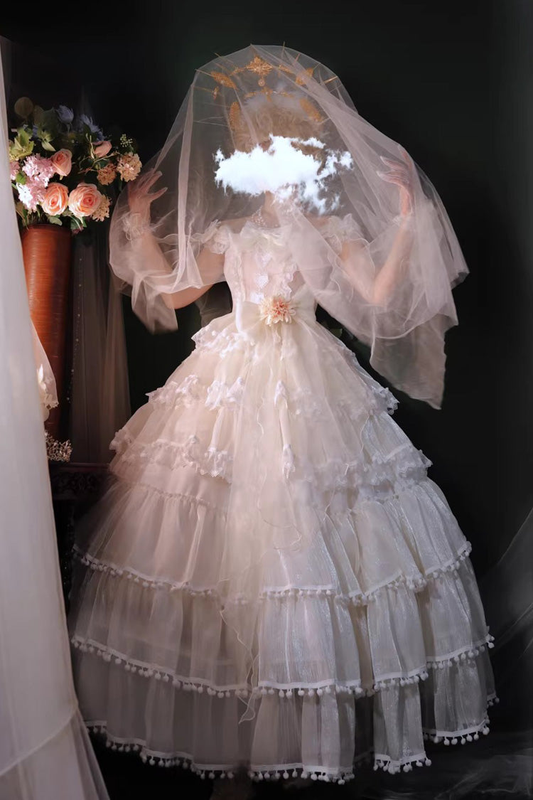 White Multi-Layered Ruffled Hanayome Bow Pearl-Decorated Sweet Lolita Jsk Dress Full Set 2 Versions